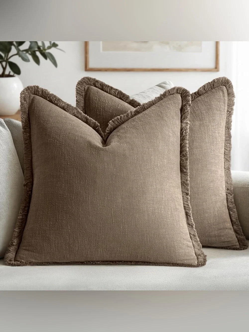 Set of 2 Fringed Cocoa Brown Decorative Throw Pillow Covers 18x18